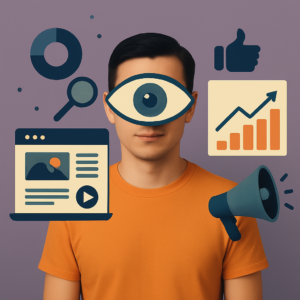 Homem de camiseta laranja em frente a um fundo roxo, cercado por ícones ilustrativos relacionados ao marketing digital, como gráfico de crescimento, megafone, página da web, lupa, ícone de curtida e olho centralizado sobre o rosto, simbolizando a importância da presença visual otimizada na comunicação online.